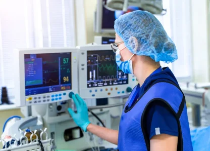 Hospital administrator reviewing medical equipment rental options